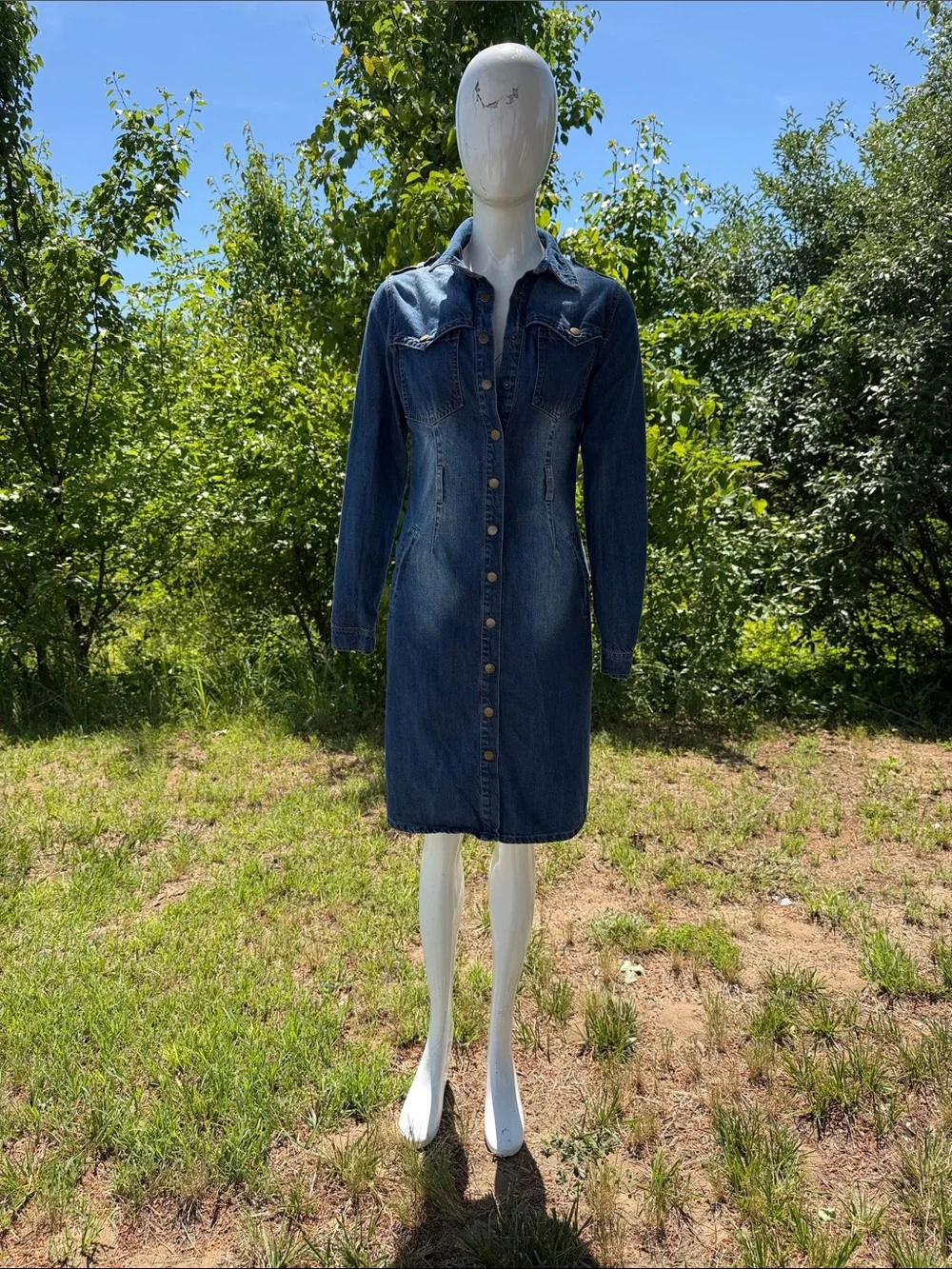 Mebon Dark Wash Denim Shirt Dress Button Front Western Style Small